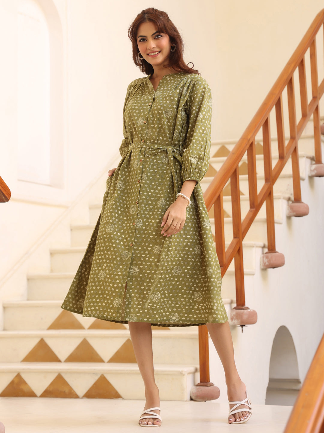 Janasya Dark Cotton Floral A-Line Dress