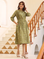 Thumbnail for Janasya Dark Cotton Floral A-Line Dress