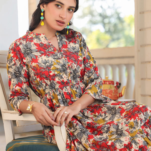 Janasya Dark Cotton Floral Tiered Dress