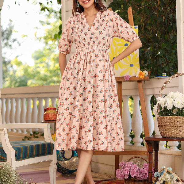 Janasya Light Cotton Floral Tiered Dress