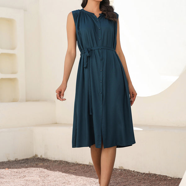 Janasya Dark Rayon Solid A-Line Dress