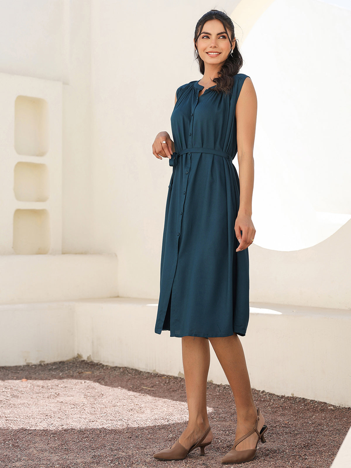 Janasya Dark Rayon Solid A-Line Dress