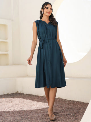 Janasya Dark Rayon Solid A-Line Dress