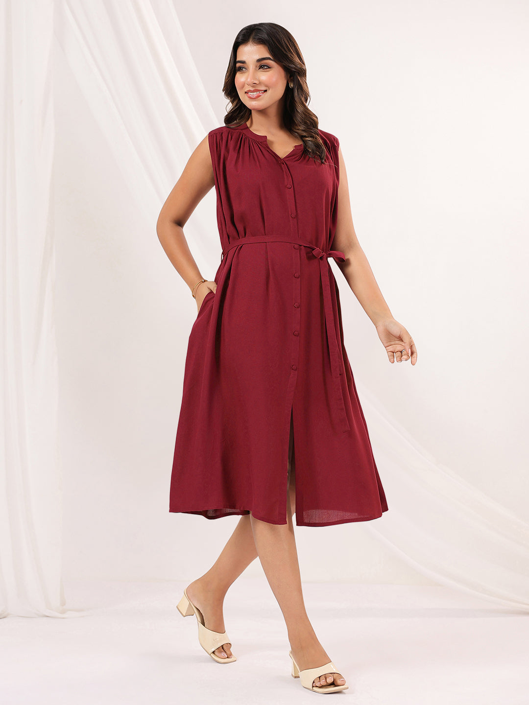Janasya Dark Rayon Solid A-Line Dress