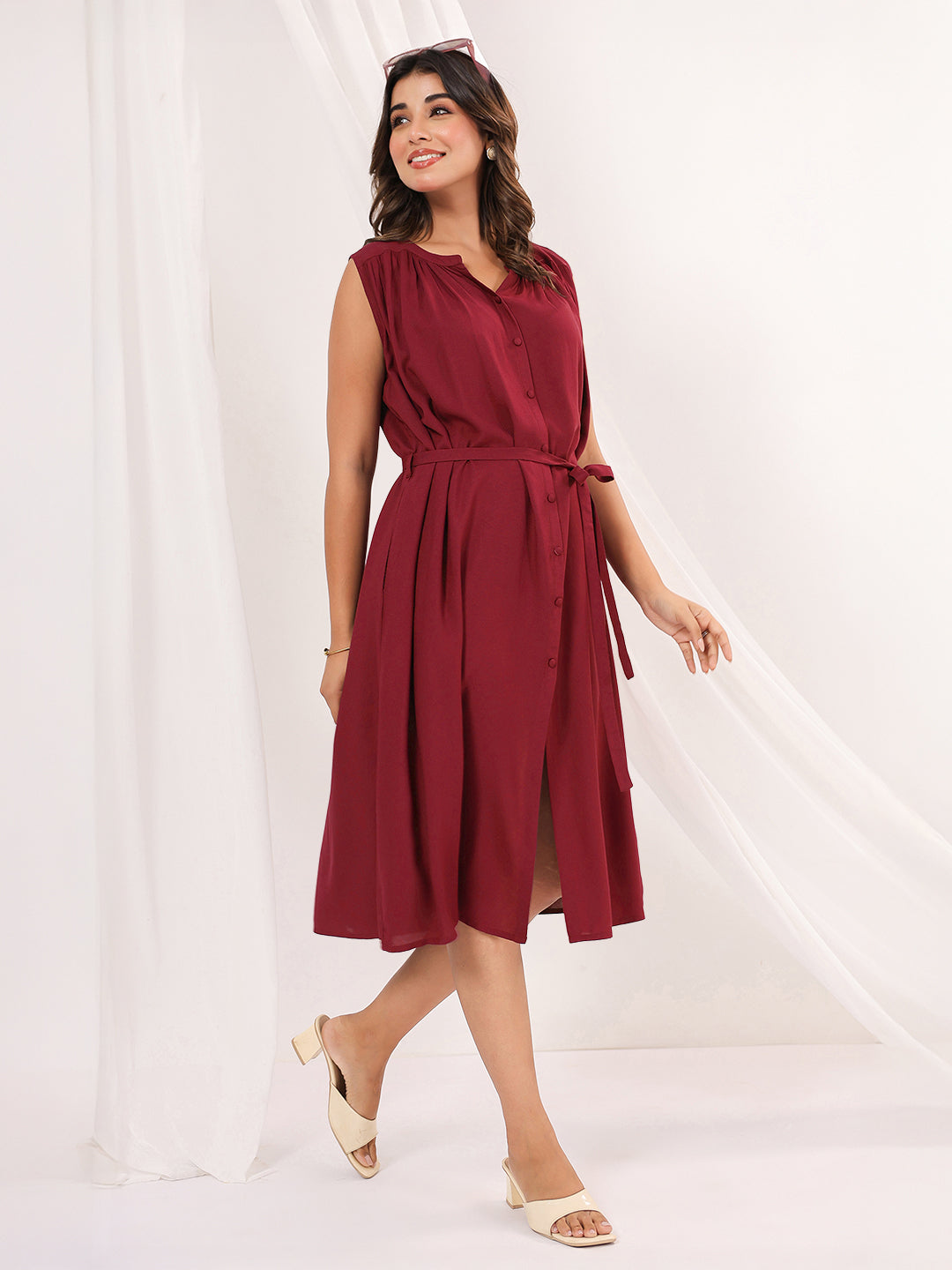 Janasya Dark Rayon Solid A-Line Dress