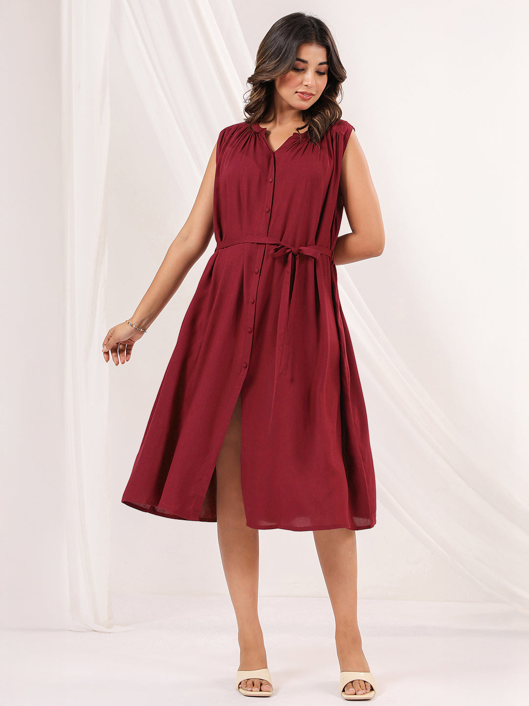 Janasya Dark Rayon Solid A-Line Dress