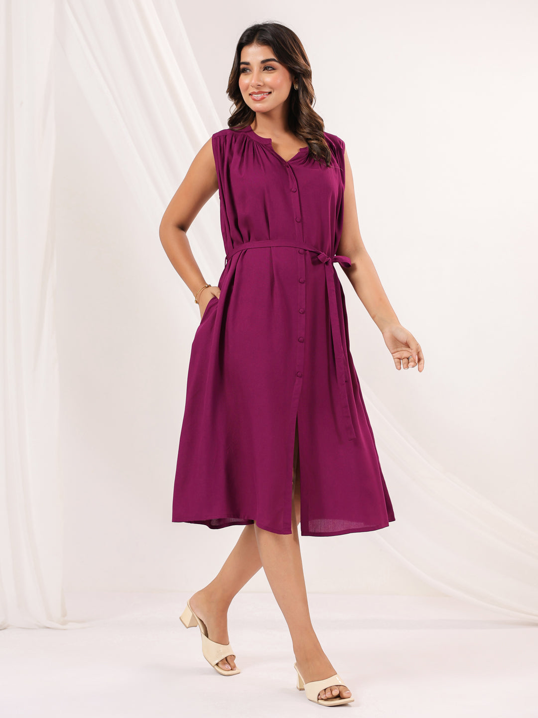 Janasya Dark Rayon Solid A-Line Dress