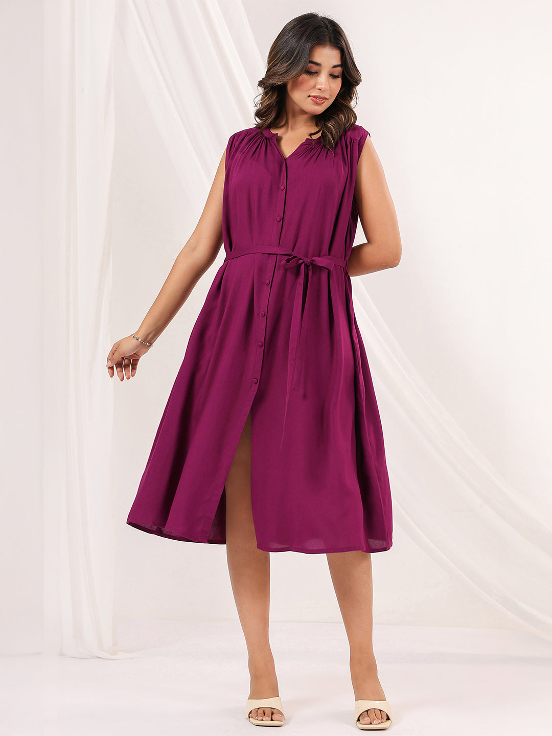 Janasya Dark Rayon Solid A-Line Dress
