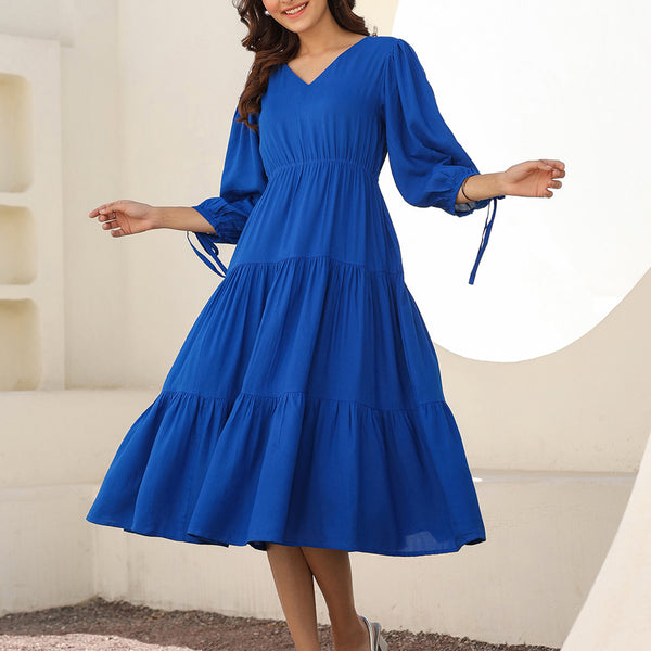 Janasya Bright Rayon Solid Tiered Dress