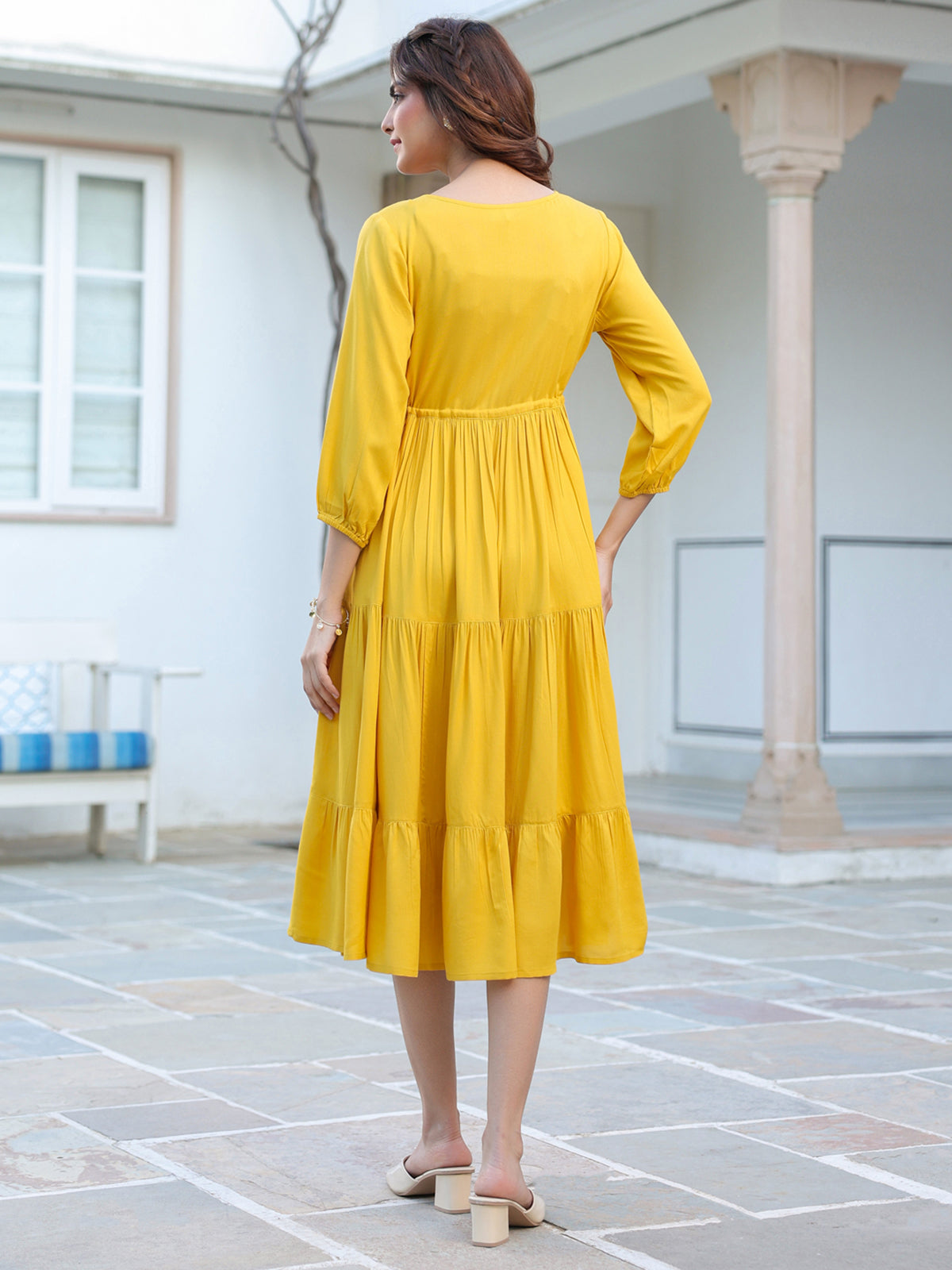 Janasya Bright Rayon Solid Tiered Dress