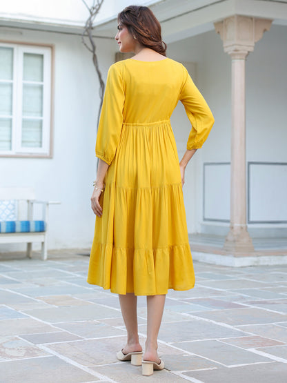 Janasya Bright Rayon Solid Tiered Dress - Distacart