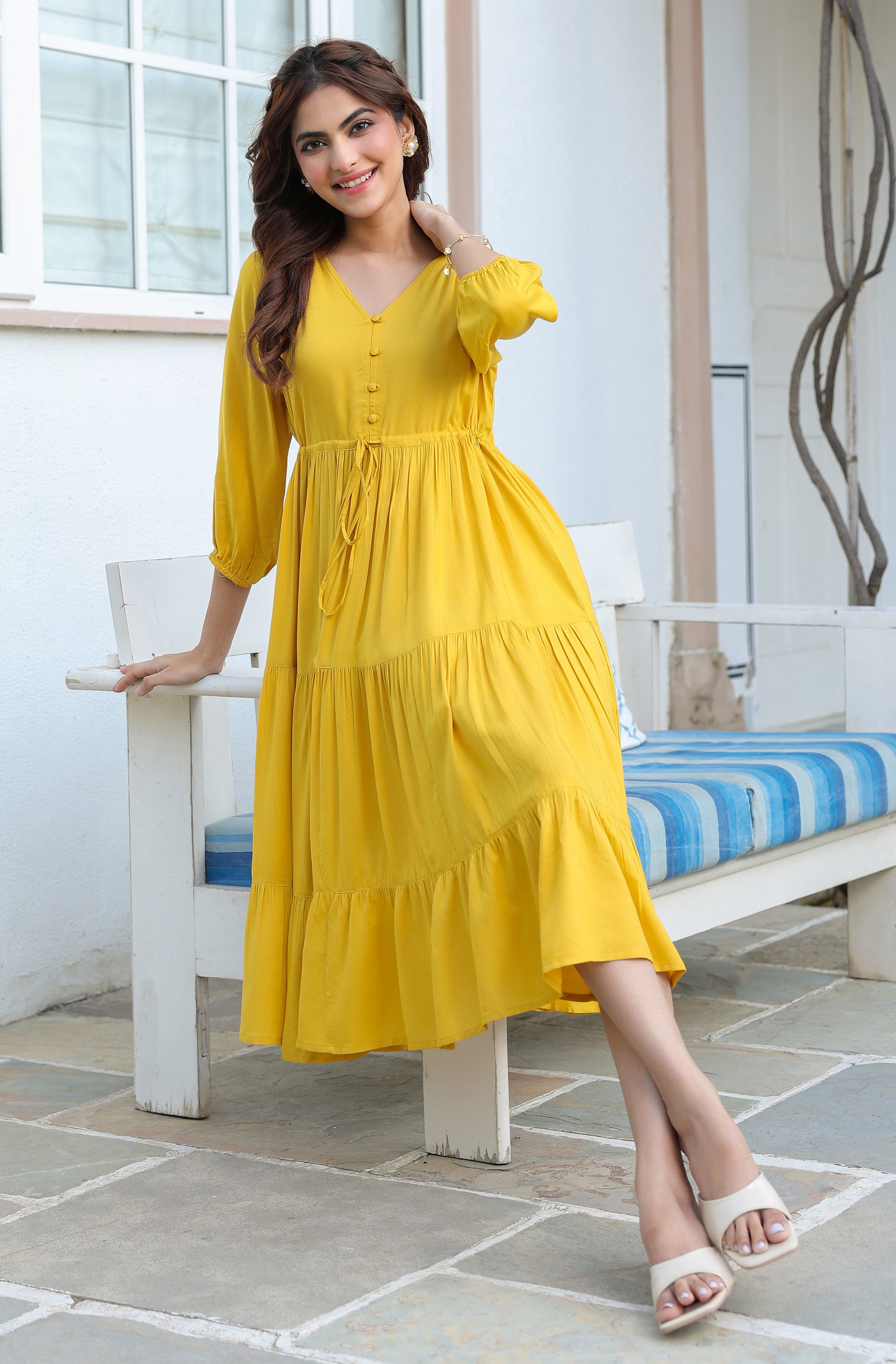 Janasya Bright Rayon Solid Tiered Dress