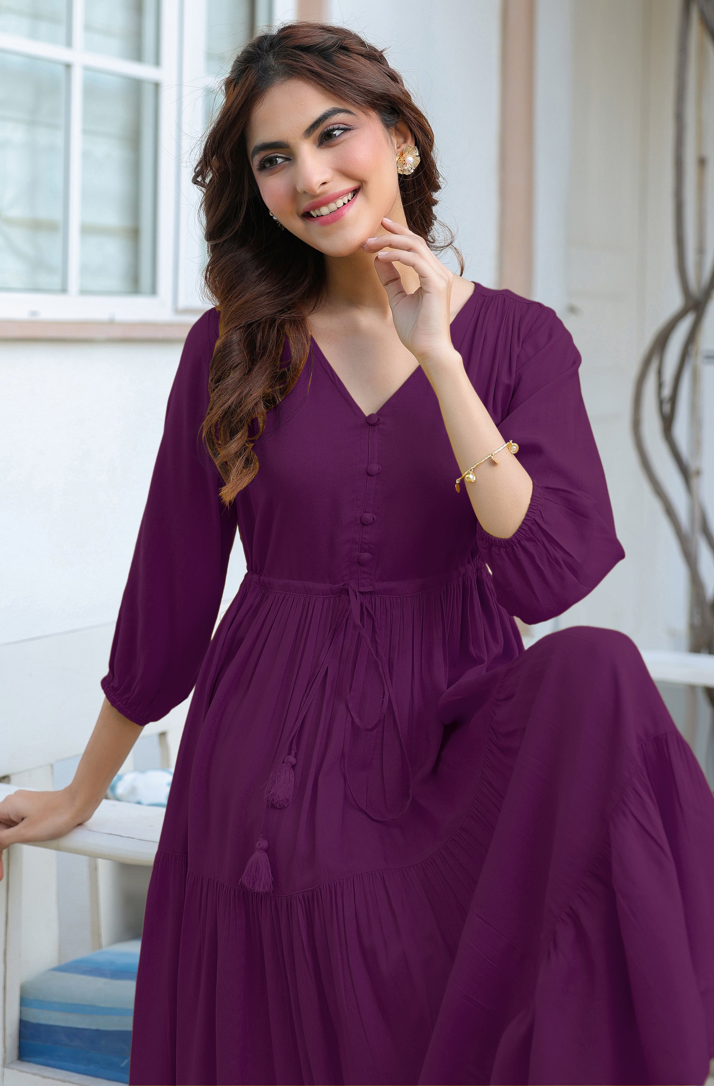 Janasya Dark Rayon Solid Tiered Dress