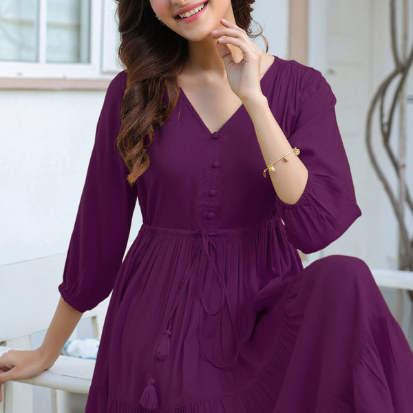 Janasya Dark Rayon Solid Tiered Dress