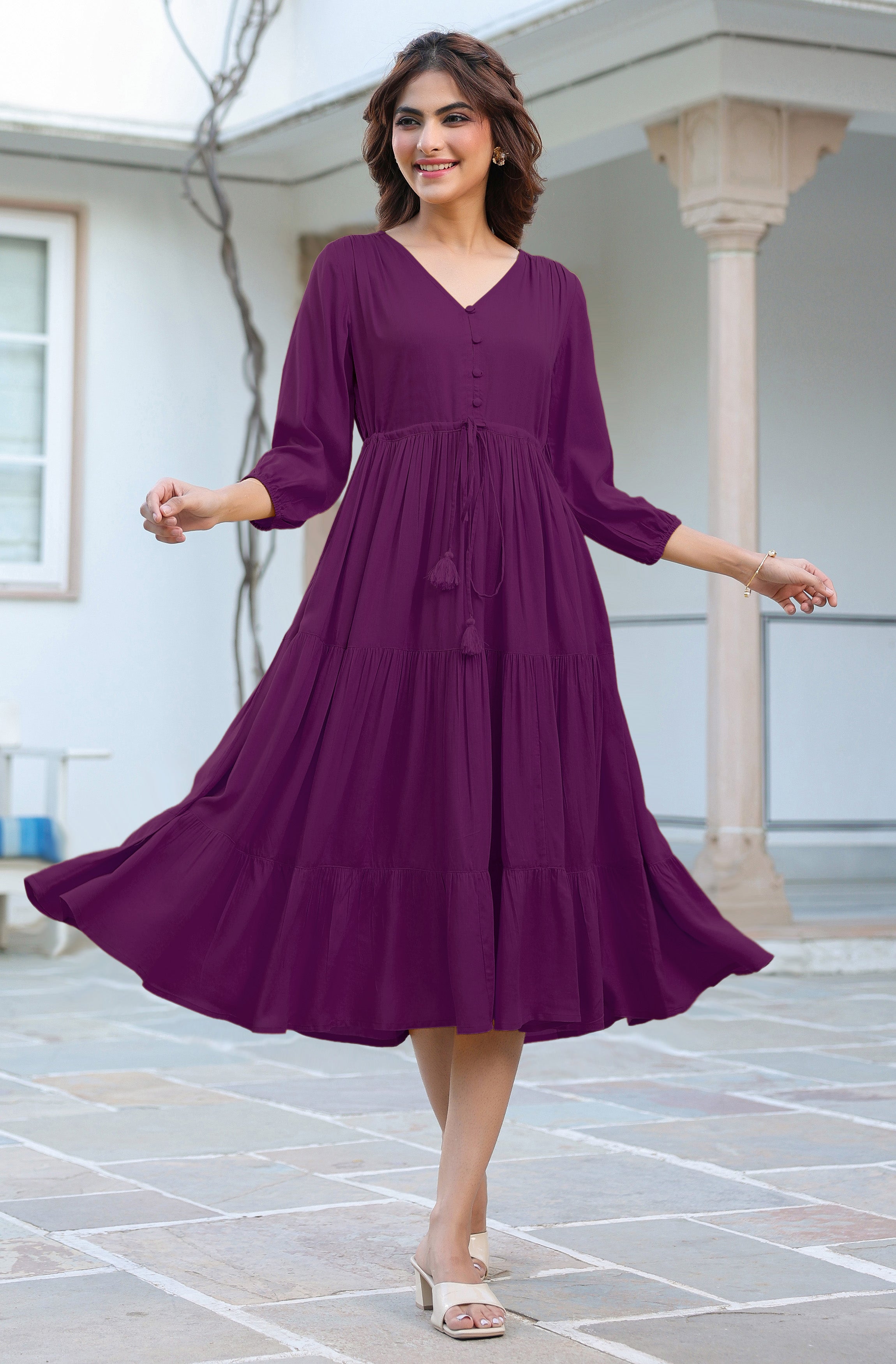 Janasya Dark Rayon Solid Tiered Dress