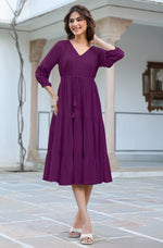 Thumbnail for Janasya Dark Rayon Solid Tiered Dress