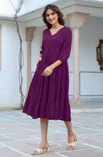 Thumbnail for Janasya Dark Rayon Solid Tiered Dress