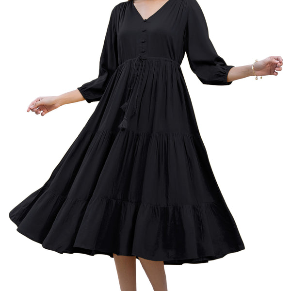 Janasya Dark Rayon Solid Tiered Dress