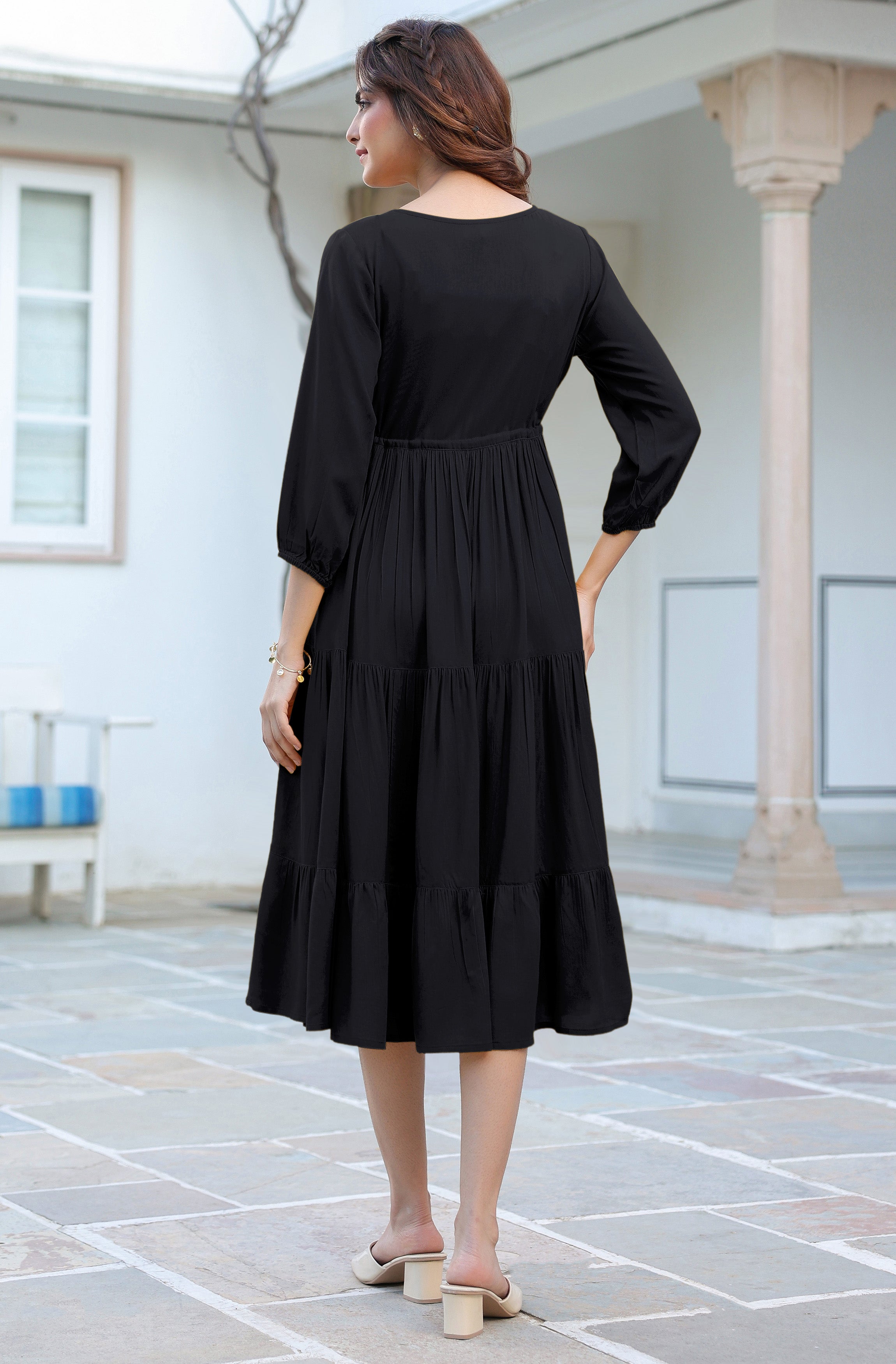 Janasya Dark Rayon Solid Tiered Dress