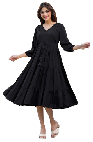 Janasya Dark Rayon Solid Tiered Dress