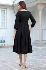 Thumbnail for Janasya Dark Rayon Solid Tiered Dress