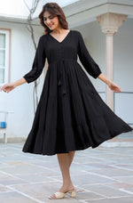 Thumbnail for Janasya Dark Rayon Solid Tiered Dress