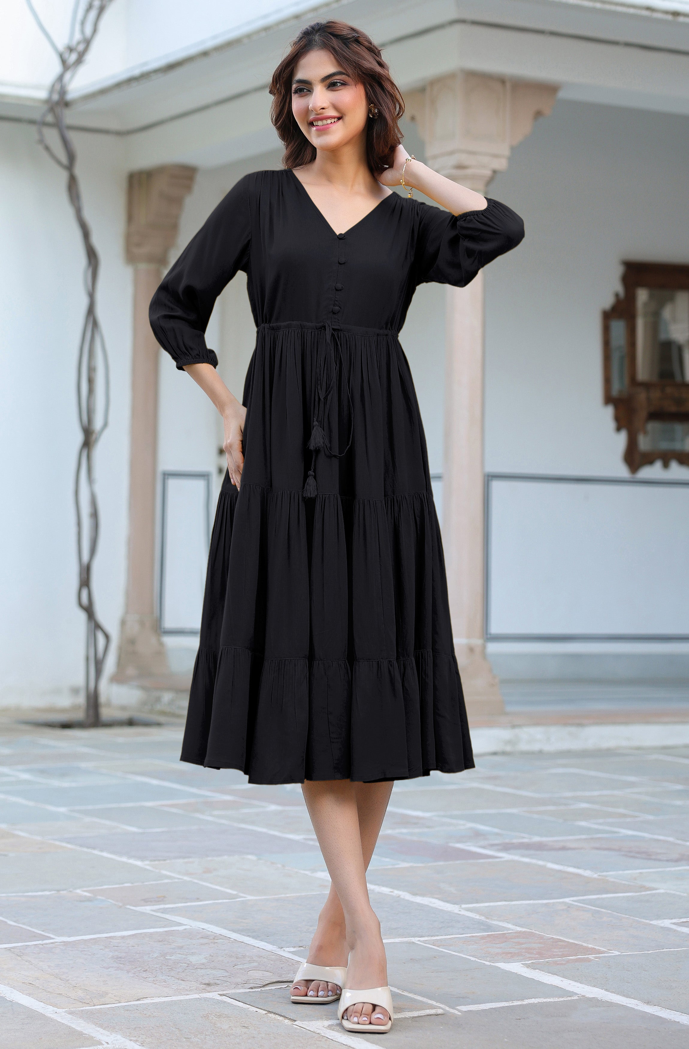 Janasya Dark Rayon Solid Tiered Dress