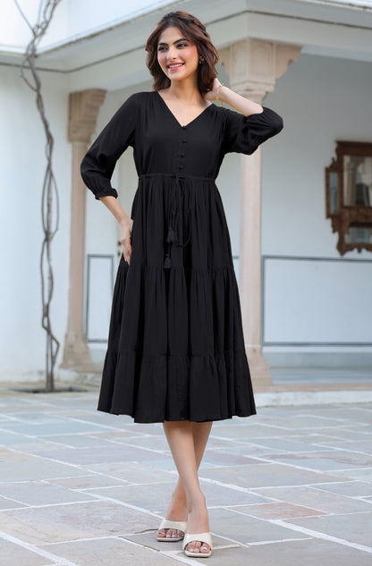 Janasya Dark Rayon Solid Tiered Dress - Distacart