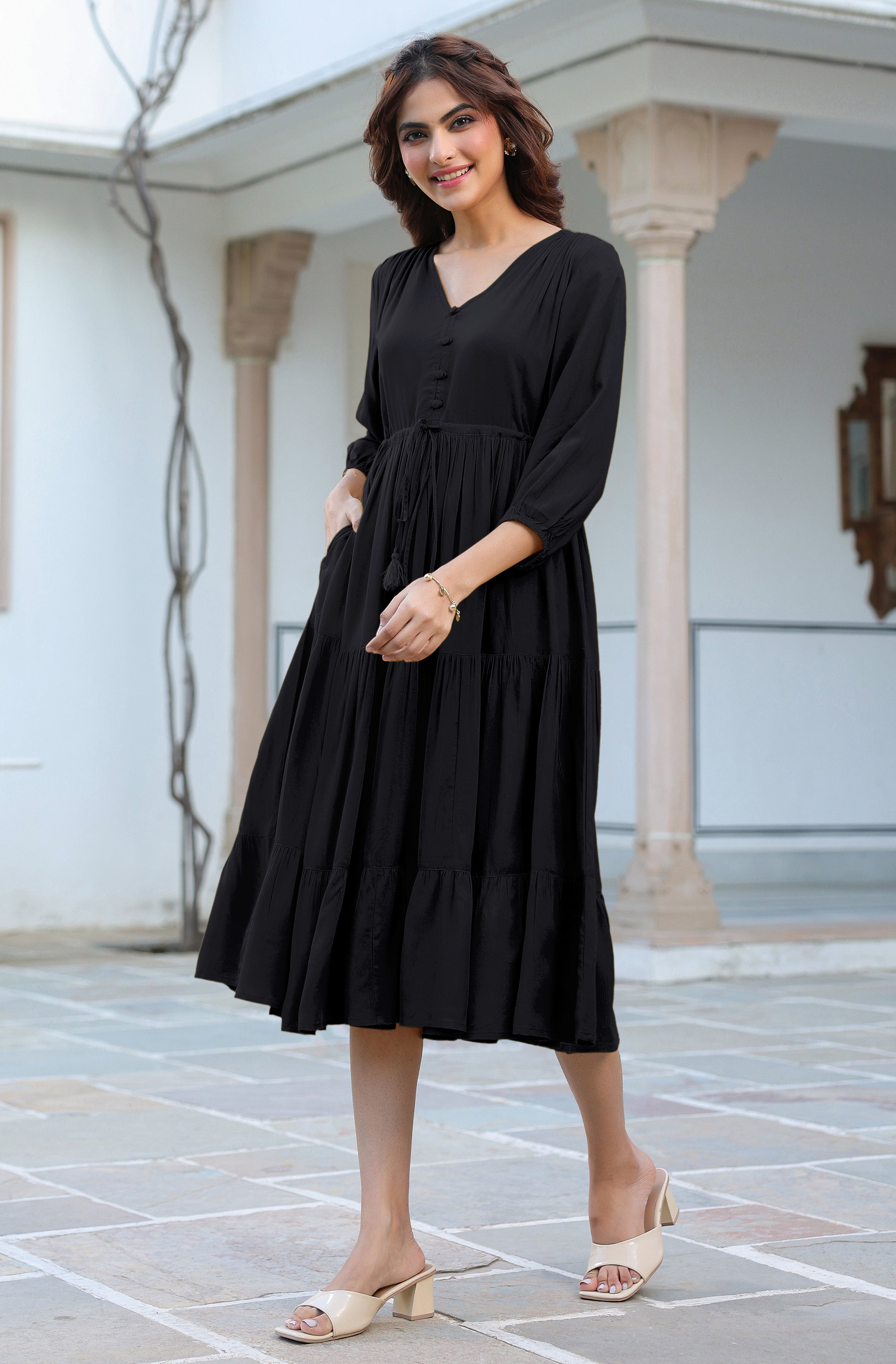 Janasya Dark Rayon Solid Tiered Dress