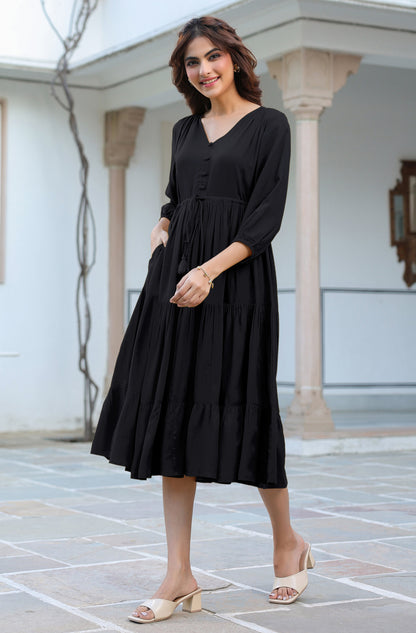 Janasya Dark Rayon Solid Tiered Dress - Distacart
