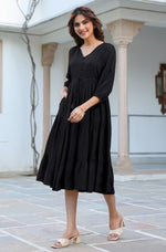 Thumbnail for Janasya Dark Rayon Solid Tiered Dress