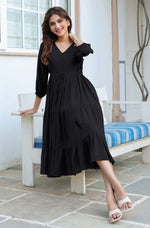 Thumbnail for Janasya Dark Rayon Solid Tiered Dress