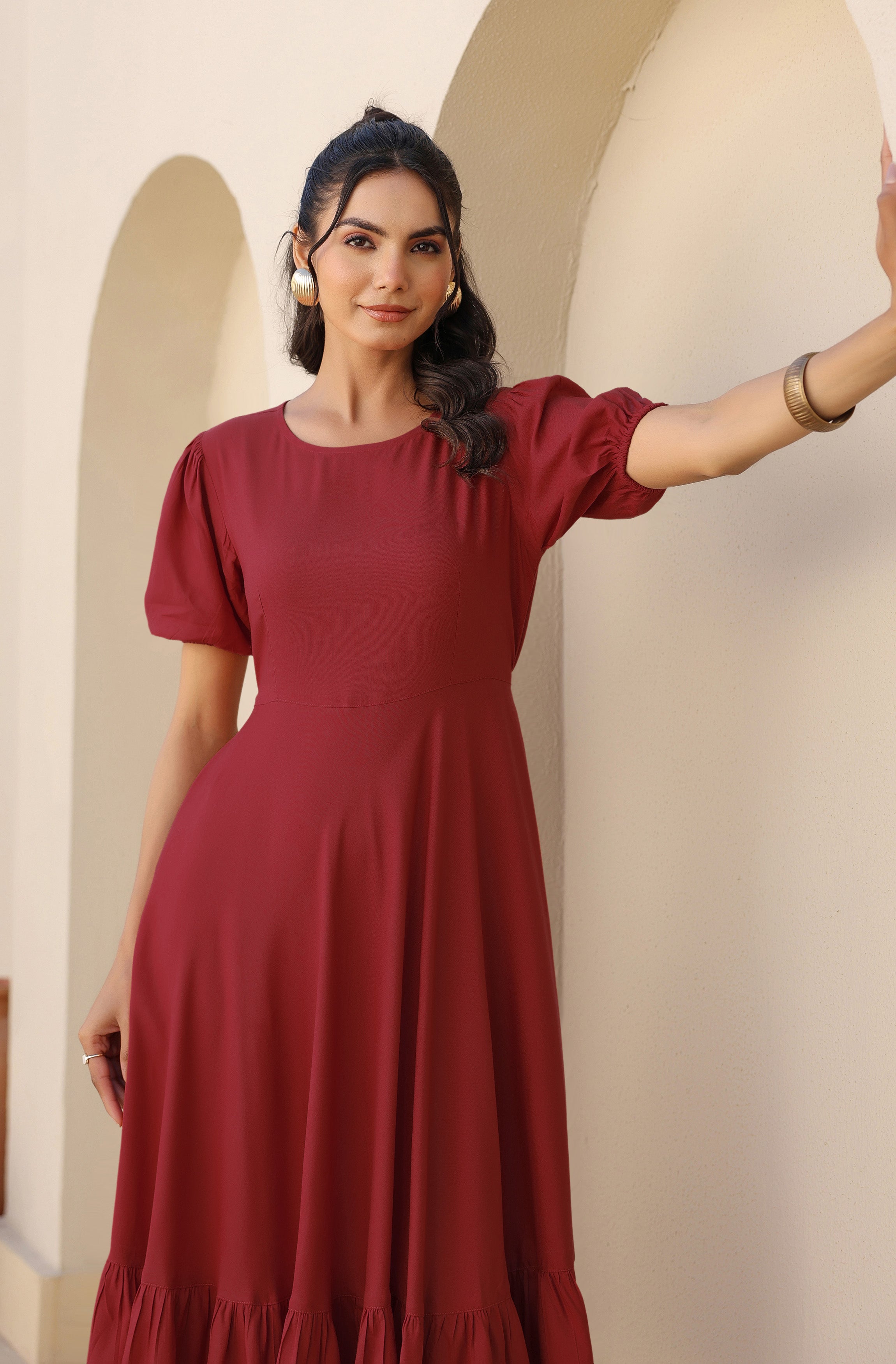 Janasya Dark Rayon Solid A-Line Dress