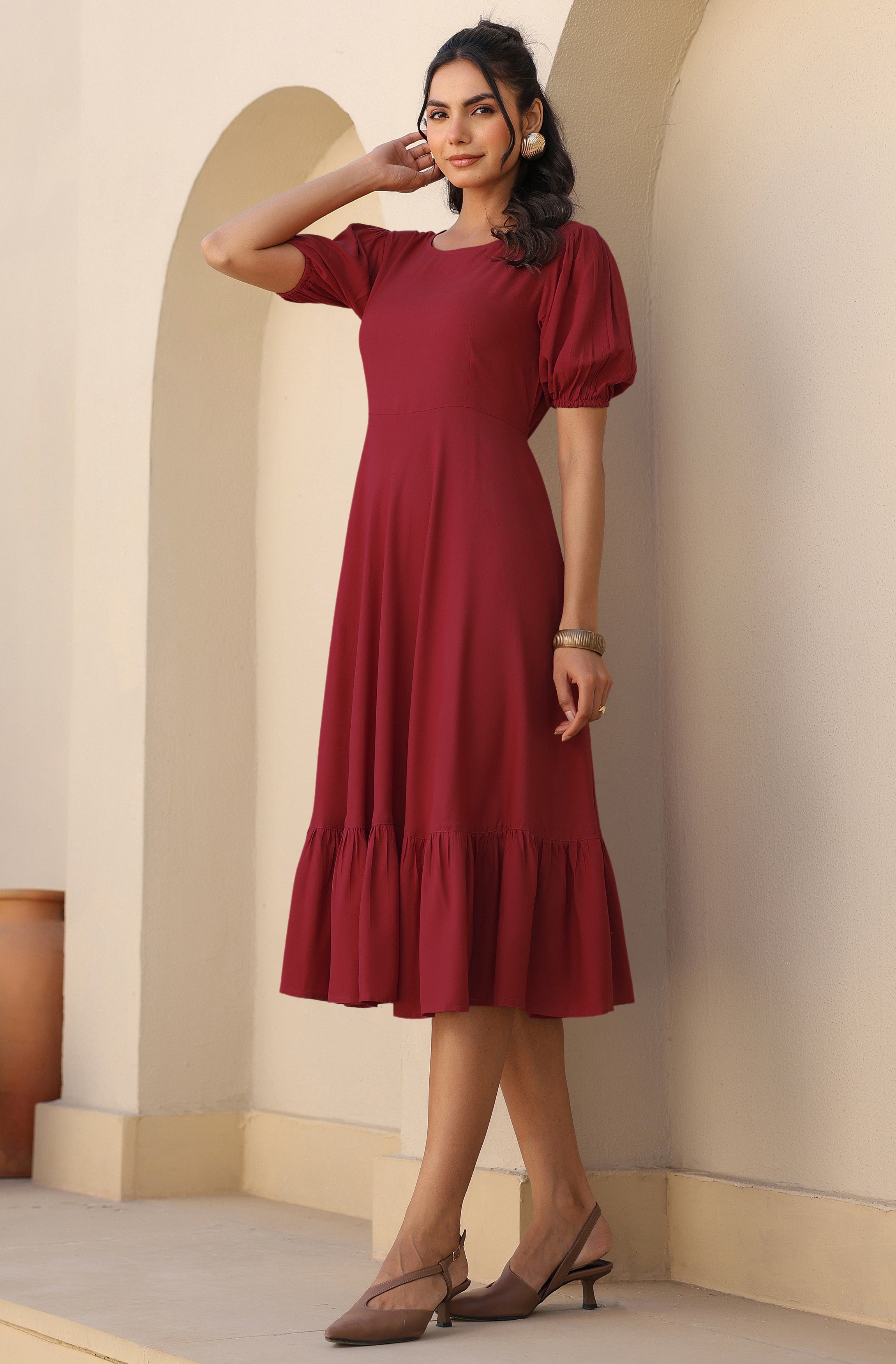 Janasya Dark Rayon Solid A-Line Dress