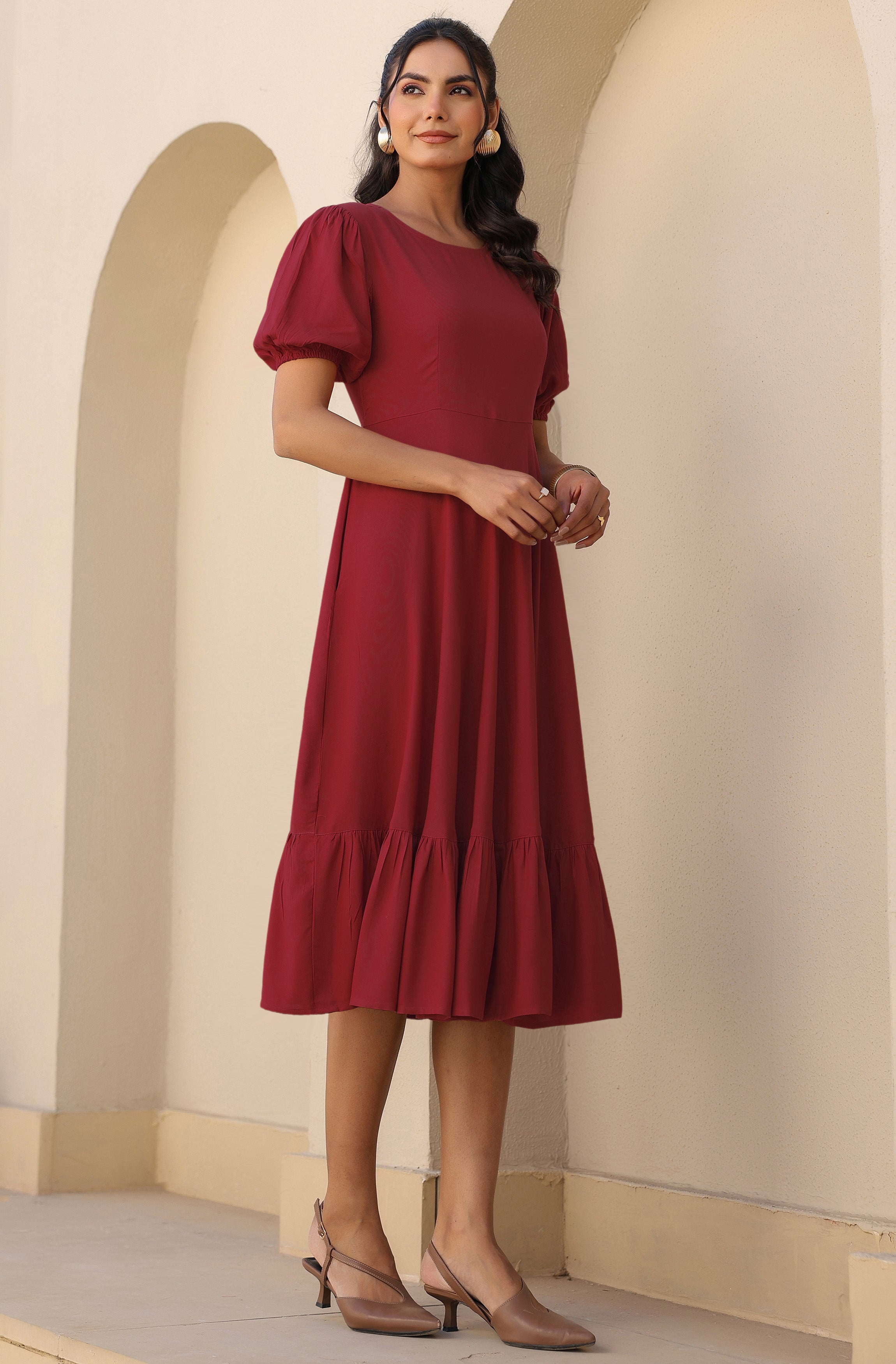 Janasya Dark Rayon Solid A-Line Dress