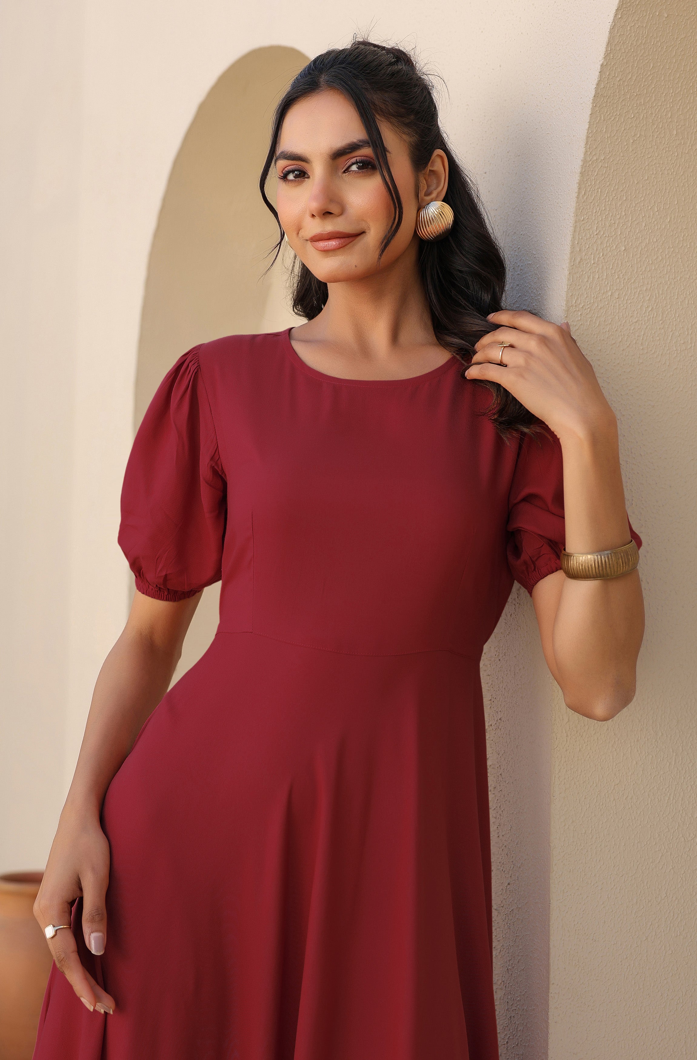 Janasya Dark Rayon Solid A-Line Dress