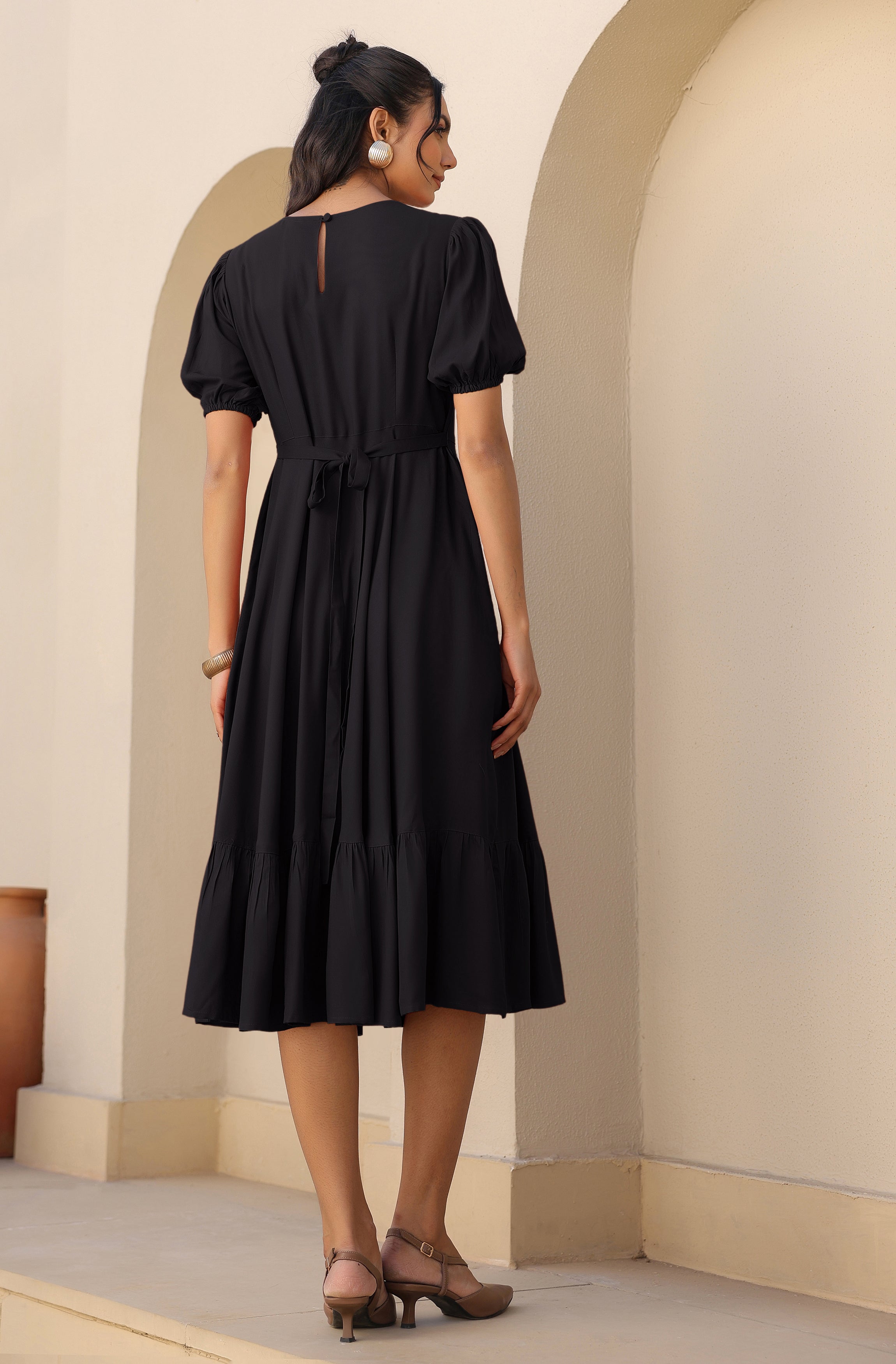 Janasya Dark Rayon Solid A-Line Dress