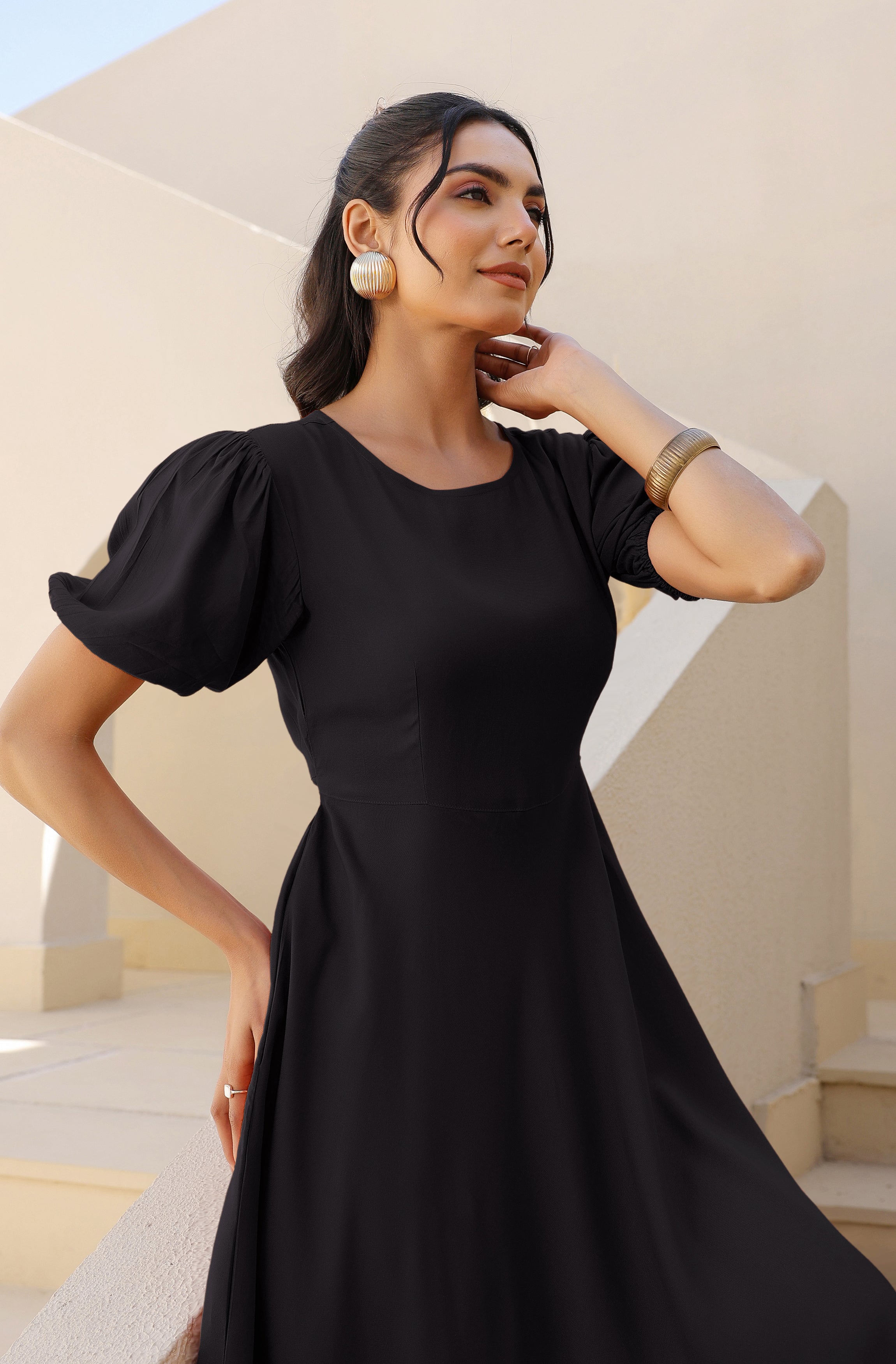 Janasya Dark Rayon Solid A-Line Dress