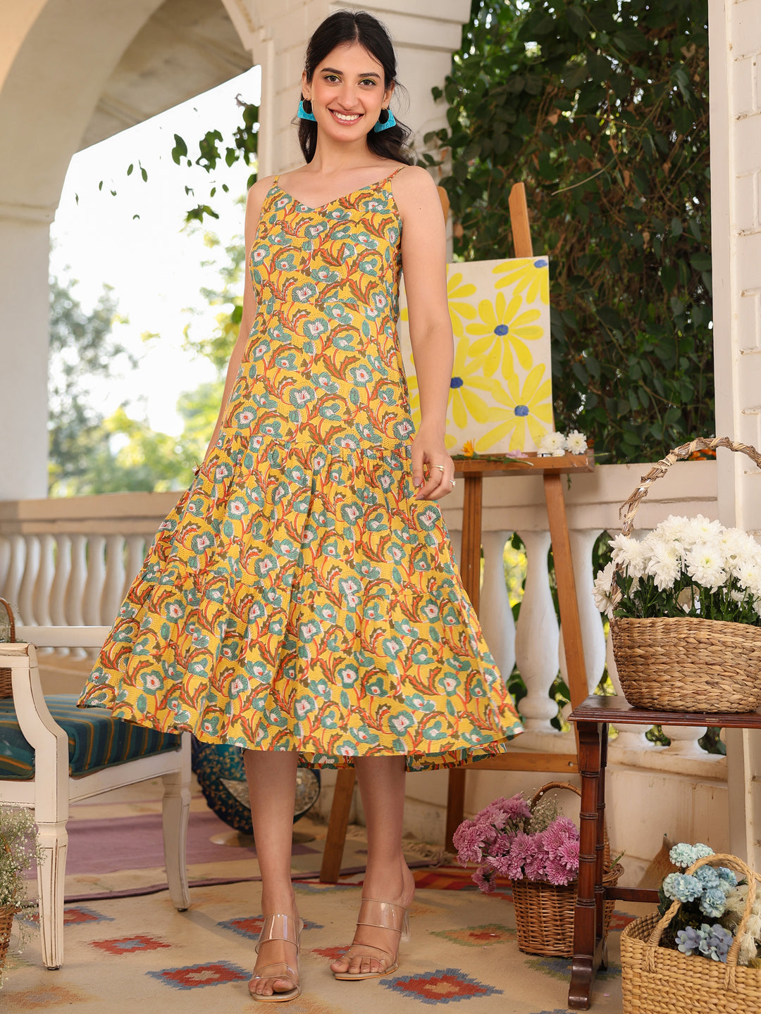 Janasya Bright Cotton Floral Tiered Dress