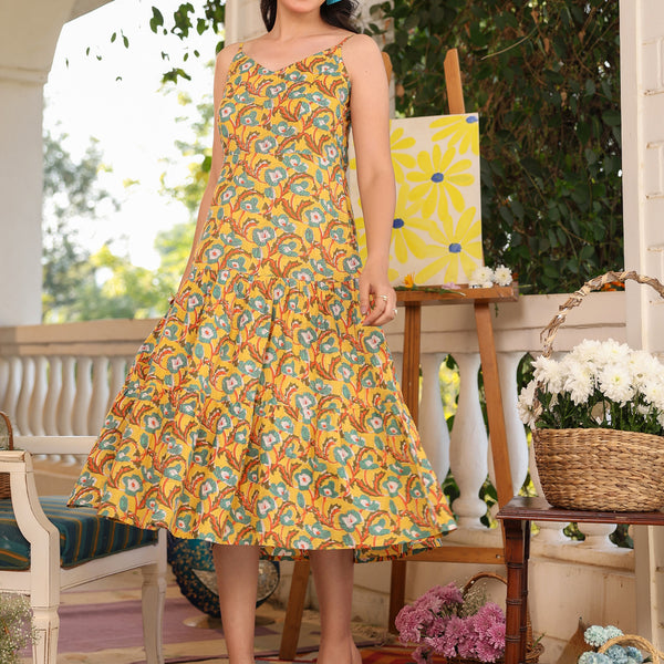 Janasya Bright Cotton Floral Tiered Dress