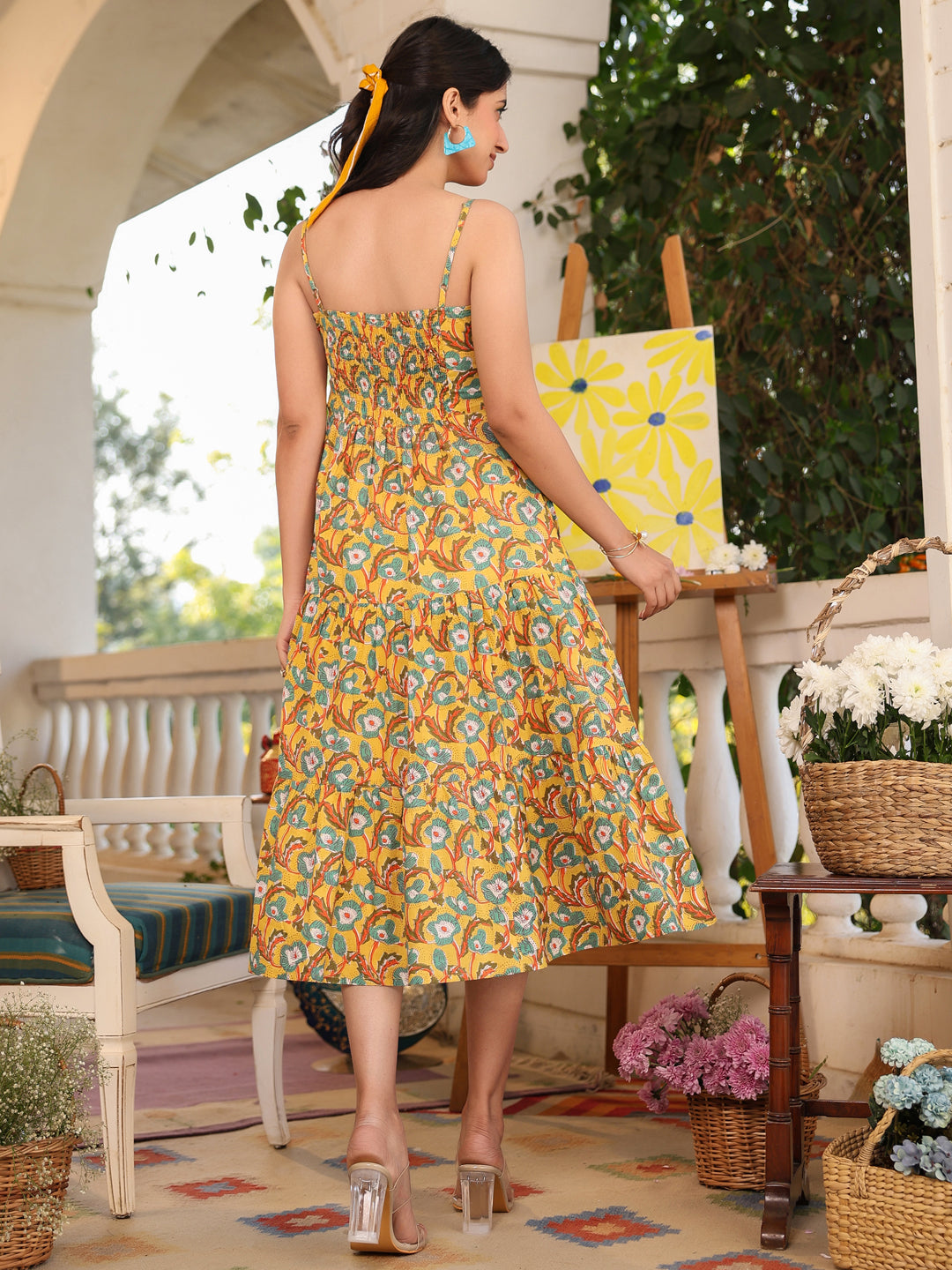 Janasya Bright Cotton Floral Tiered Dress