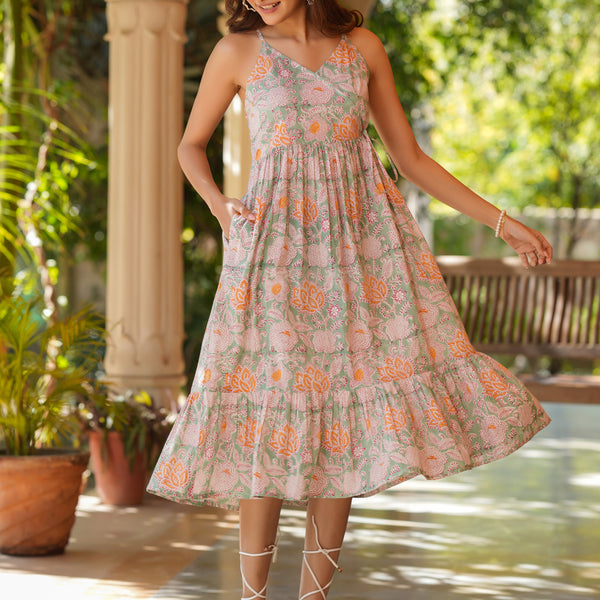 Janasya Light Cotton Floral Tiered Dress
