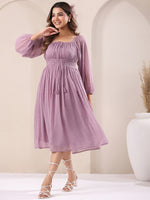 Thumbnail for Janasya Light Dobby Chiffon Self Design Fit & Flare Dress