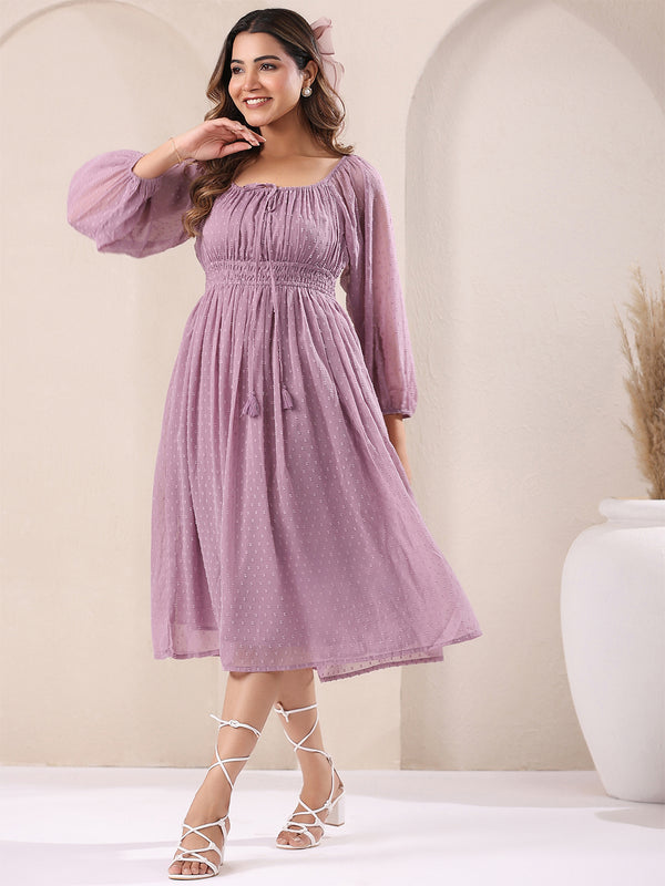 Janasya Light Dobby Chiffon Self Design Fit & Flare Dress