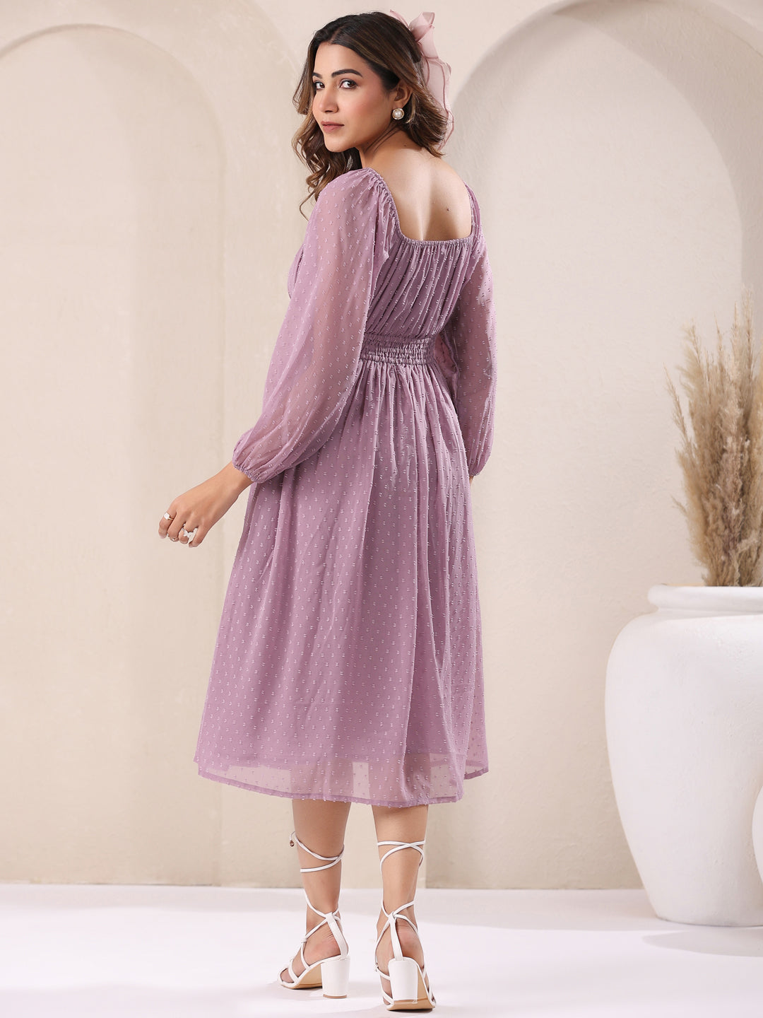 Janasya Light Dobby Chiffon Self Design Fit & Flare Dress