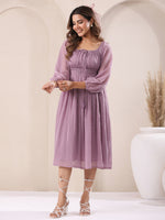 Thumbnail for Janasya Light Dobby Chiffon Self Design Fit & Flare Dress