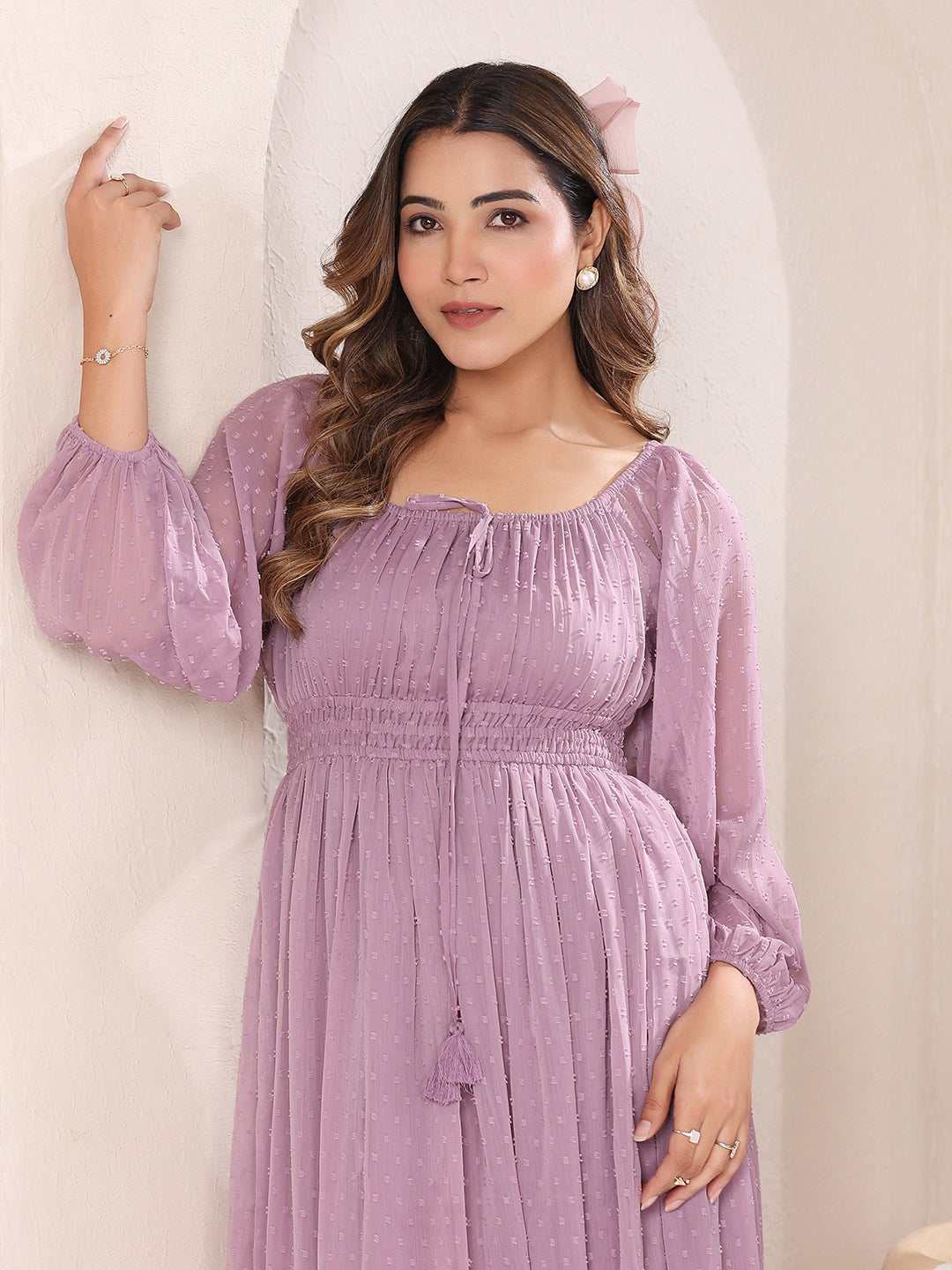 Janasya Light Dobby Chiffon Self Design Fit & Flare Dress