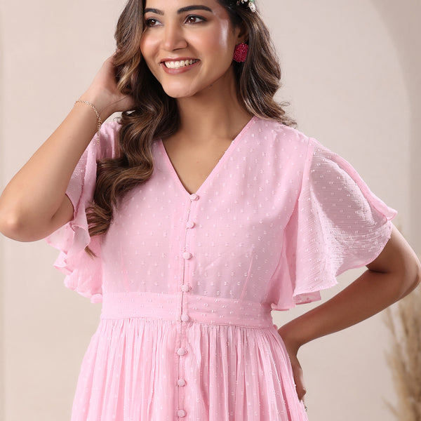 Janasya Light Dobby Chiffon Self Design A-Line Dress