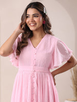 Thumbnail for Janasya Light Dobby Chiffon Self Design A-Line Dress