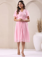Thumbnail for Janasya Light Dobby Chiffon Self Design A-Line Dress